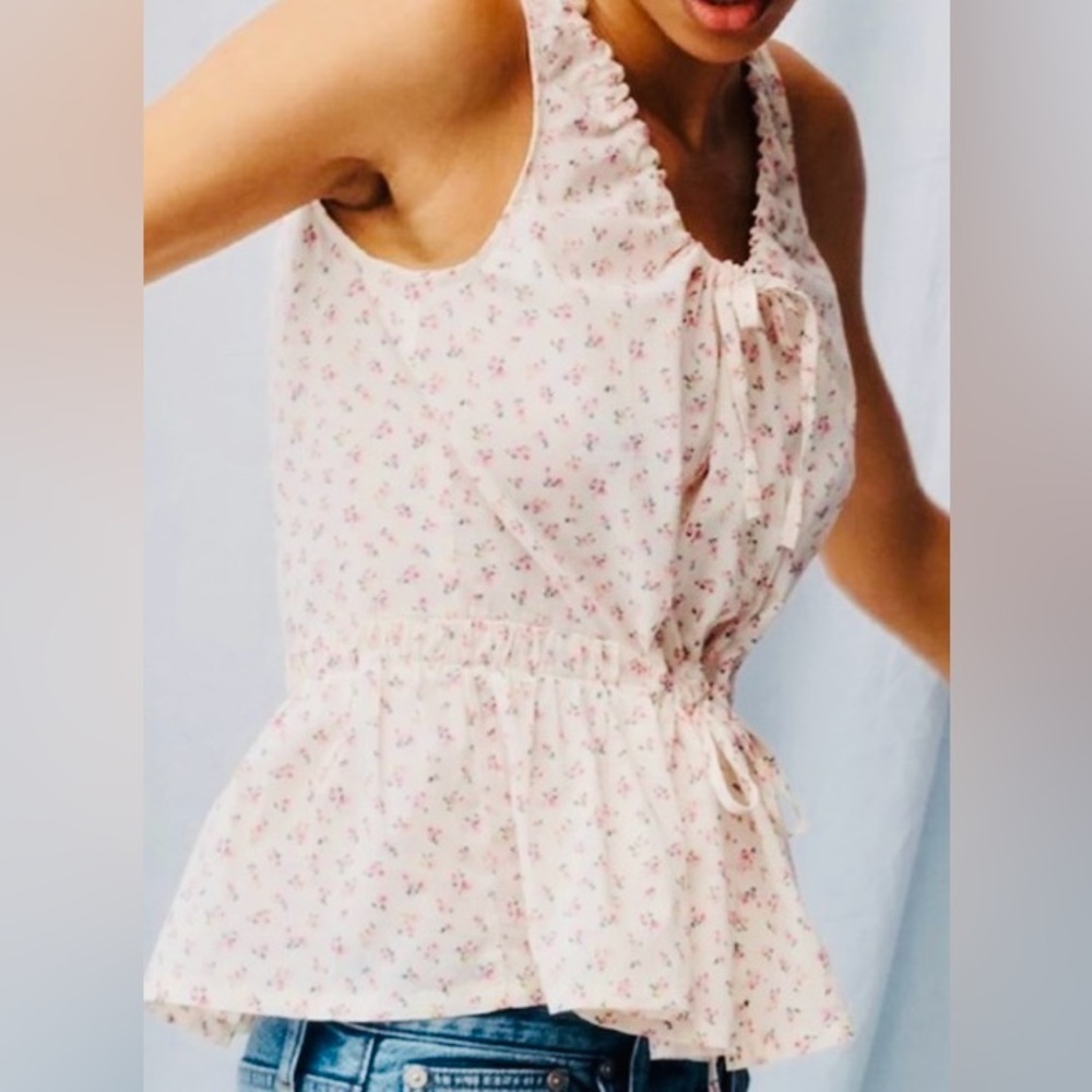 Madewell Top Women’s Small Ivory Bright Buds Shirred Drawstring Sleeveless EUC